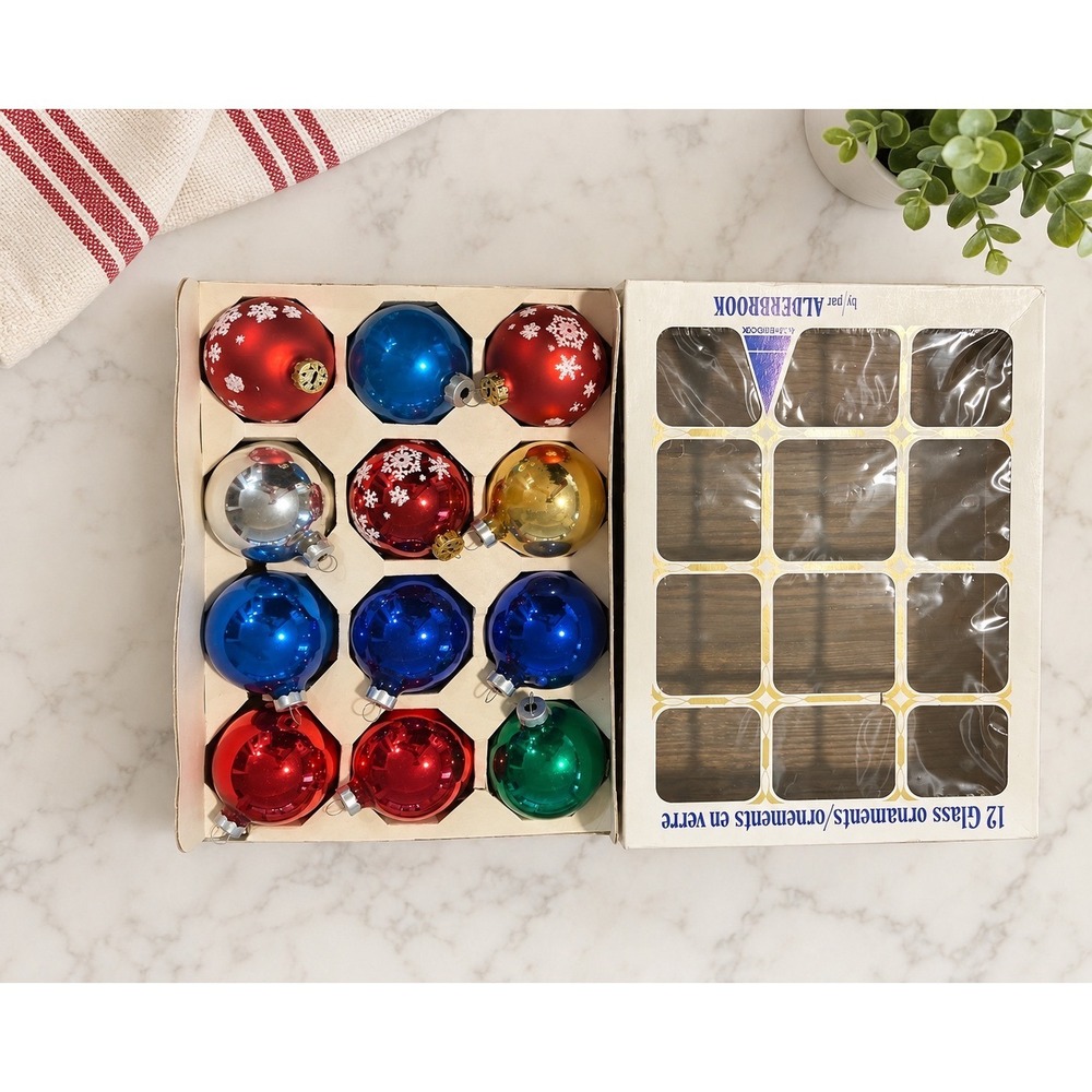 Alderbrook Vintage Glass Christmas Ornaments Set of 12 Snowflake Blue Red Green